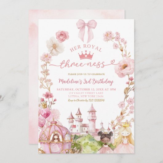 Pink Bow Coquette Princess Kingdom 3rd Birthday 招待状 (正面/裏面)