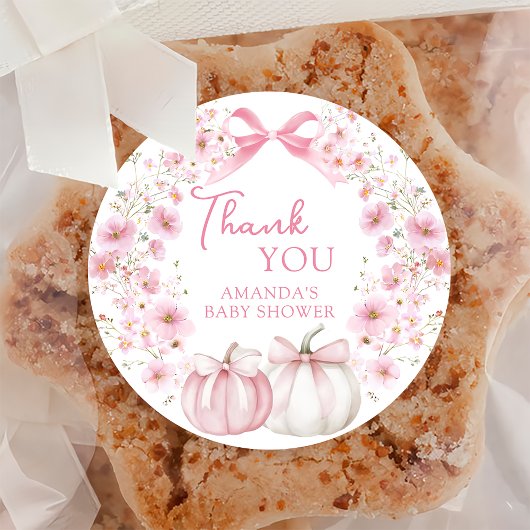 Pink Bow Coquette Pumpkin Baby Shower Sticker ラウンドシール