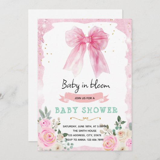 Pink Bow Coquette Quinceanera Invitation 招待状 (正面/裏面)