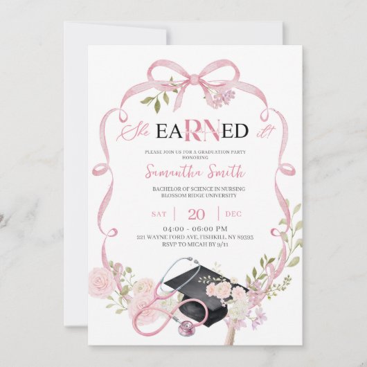 Pink Bow Coquette RN Graduation Invitation 招待状 (正面)