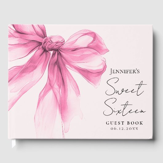 Pink Bow Coquette Script Sweet 16 Blush ゲストブック (正面)