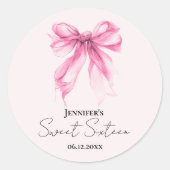 Pink Bow Coquette Script Sweet 16 Party Blush  ラウンドシール (正面)