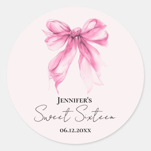 Pink Bow Coquette Script Sweet 16 Party Blush  ラウンドシール (正面)