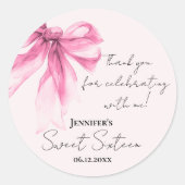 Pink Bow Coquette Script Sweet 16 Thank You Blush ラウンドシール (正面)