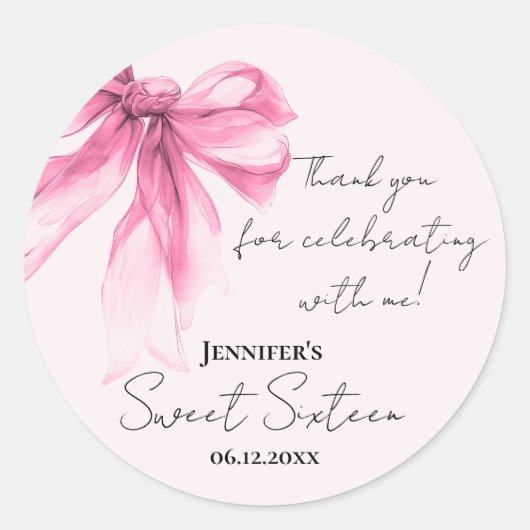 Pink Bow Coquette Script Sweet 16 Thank You Blush  ラウンドシール (正面)