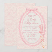 Pink Bow Coquette Silly Goose 1st Birthday Invitat 招待状 (正面/裏面)