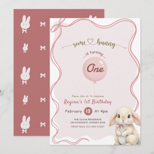Pink Bow Coquette Some Bunny 1st Birthday 招待状 (正面/裏面)