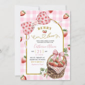 Pink Bow Coquette Strawberry Gingham Bridal Shower 招待状 (正面)
