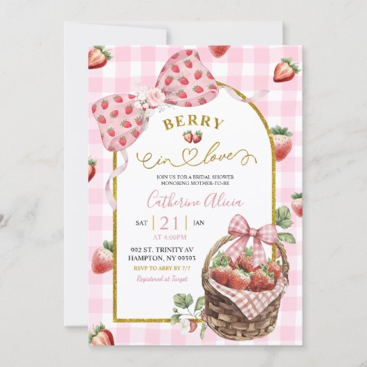 Pink Bow Coquette Strawberry Gingham Bridal Shower 招待状 (正面)