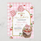 Pink Bow Coquette Strawberry Gingham Bridal Shower 招待状 (正面/裏面)