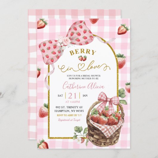 Pink Bow Coquette Strawberry Gingham Bridal Shower 招待状 (正面/裏面)
