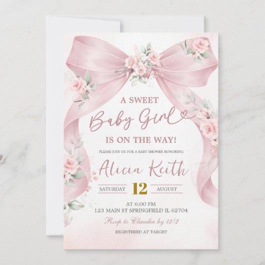 Pink Bow Coquette sweet baby girl is on the way 招待状 (正面)