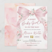 Pink Bow Coquette sweet baby girl is on the way 招待状 (正面/裏面)