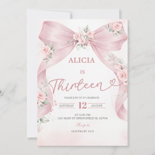 Pink Bow Coquette Teenager Birthday Invitation 招待状 (正面)