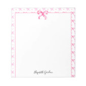 Pink Bow Coquette Watercolor Cute Custom Name ノートパッド (正面)
