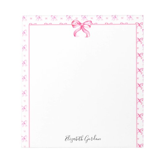 Pink Bow Coquette Watercolor Cute Custom Name ノートパッド (正面)