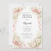 Pink Bow Coquette White Rose Florals Bridal Shower 招待状 (正面)
