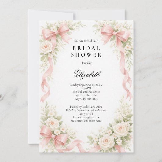 Pink Bow Coquette White Rose Florals Bridal Shower 招待状 (正面)