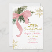 Pink Bow Coquette Winter Onederland Birthday 招待状 (正面)