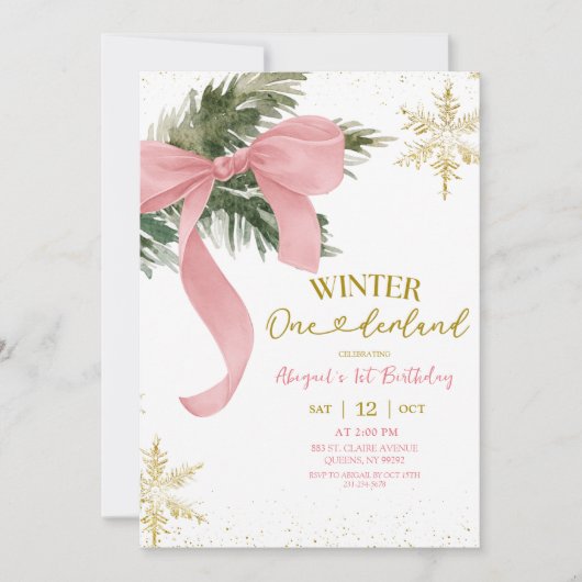 Pink Bow Coquette Winter Onederland Birthday 招待状 (正面)