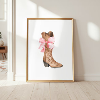 Pink Bow Cowgirl Boot Girly Western Wall Art ポスター