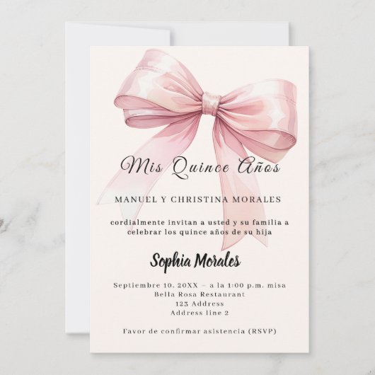 Pink bow cream elegant Quinceanera 招待状 (正面)