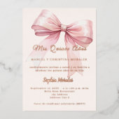 Pink bow cream elegant rose gold Quinceanera 箔招待状 (正面)