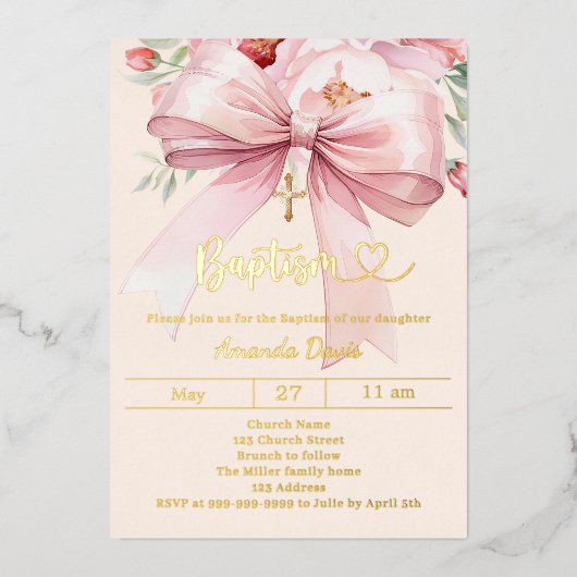 Pink bow cream florals girl Baptism gold 箔招待状 (正面)