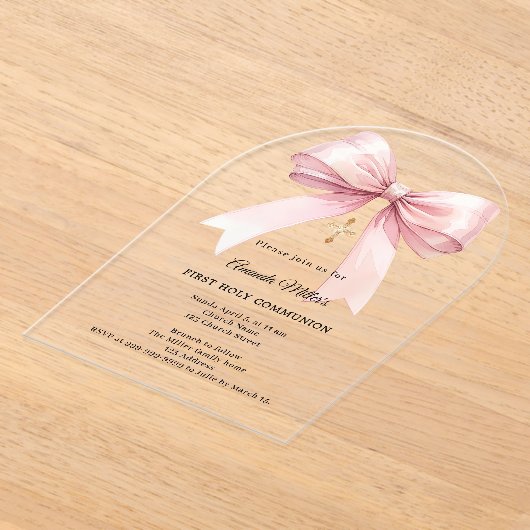 Pink bow cream girl First Communion arch アクリル招待状 (レイダウン)