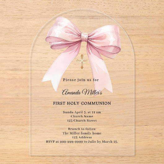 Pink bow cream girl First Communion arch アクリル招待状 (正面)