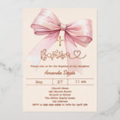 Pink bow cream girl luxury Baptism rose gold 箔招待状 (正面)