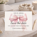 Pink bow cream Quinceanera Save the Date card セーブザデート<br><div class="desc">A modern and elegant Save the Date for a Quinceañera. A soft cream, beige colored background, decorated with a large pink bow. Personalize and add date, place, name and age.</div>