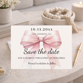 Pink bow cream Quinceanera Save the Date card セーブザデート