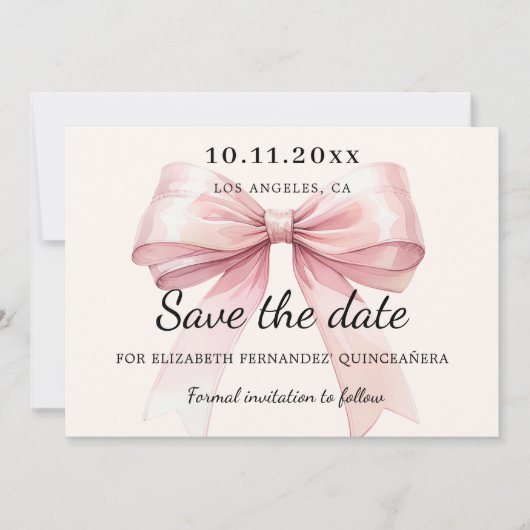 Pink bow cream Quinceanera Save the Date card セーブザデート (正面)