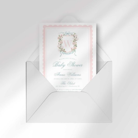 Pink Bow Crest Monogram Baby Shower 招待状