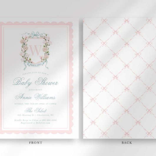 Pink Bow Crest Monogram Baby Shower 招待状