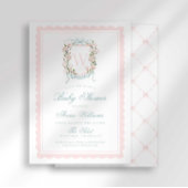 Pink Bow Crest Monogram Baby Shower 招待状