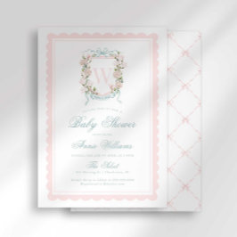 Pink Bow Crest Monogram Baby Shower 招待状