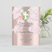 Pink Bow Cross Leaves First Holy Communion  招待状 (スタンド正面)