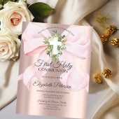 Pink Bow Cross Leaves First Holy Communion  招待状