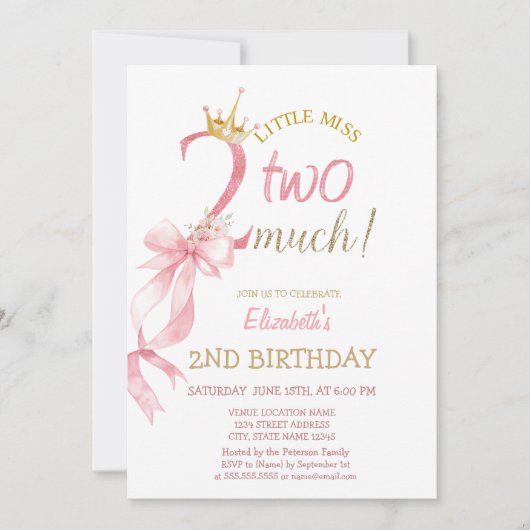 Pink Bow Crown Flowers Striped 2nd Birthday  招待状 (正面)