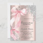 Pink Bow Crown Glitter Drips Rose Gold Quinceañera 招待状 (正面)