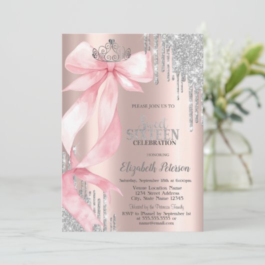 Pink Bow Crown Glitter Drips Rose Gold Sweet 16 招待状 (スタンド正面)