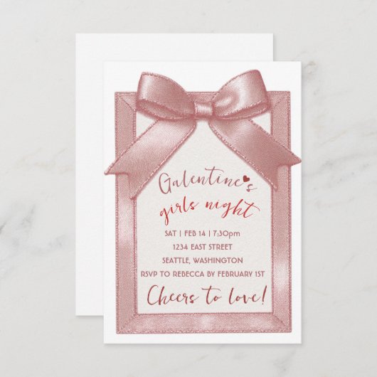 Pink Bow Custom Galentine's Party Invitation 出欠カード (正面/裏面)