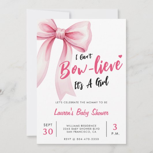 Pink Bow Cute It's a Girl Baby Shower 招待状 (正面)