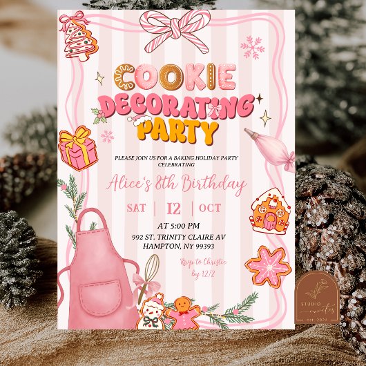 Pink Bow Cute Retro Cookie Decorating Party 招待状