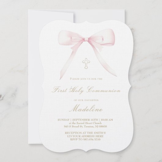  pink bow design First Holy Communion girl 招待状 (正面)