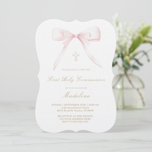 pink bow design First Holy Communion girl 招待状 (スタンド正面)