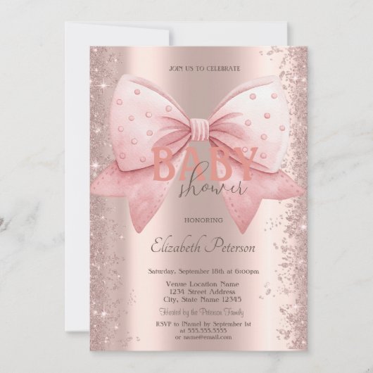 Pink Bow Diamonds Dust Rose Gold Baby Shower 招待状 (正面)