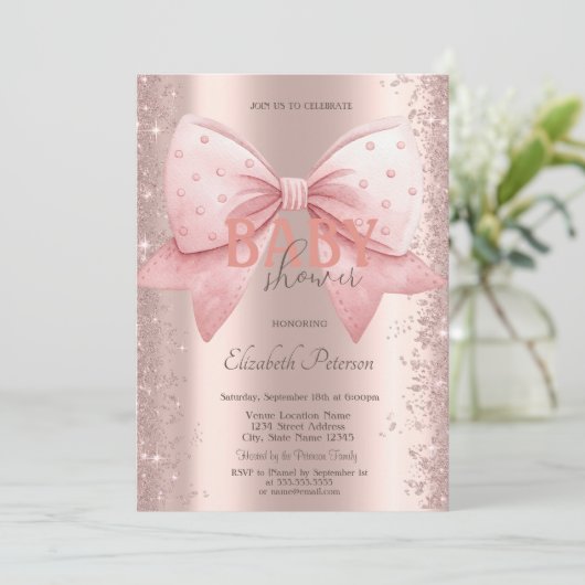 Pink Bow Diamonds Dust Rose Gold Baby Shower 招待状 (スタンド正面)